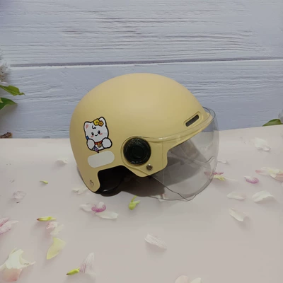 children's helmet cute cartoon – Motosiklet kaskı (dəbilqə) - writing-cat-khaki-white-short-7-15-years-old