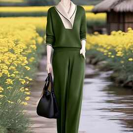 设计感撞色拼接休闲气质翻领上衣女2025春秋新款时尚直筒卫裤套装