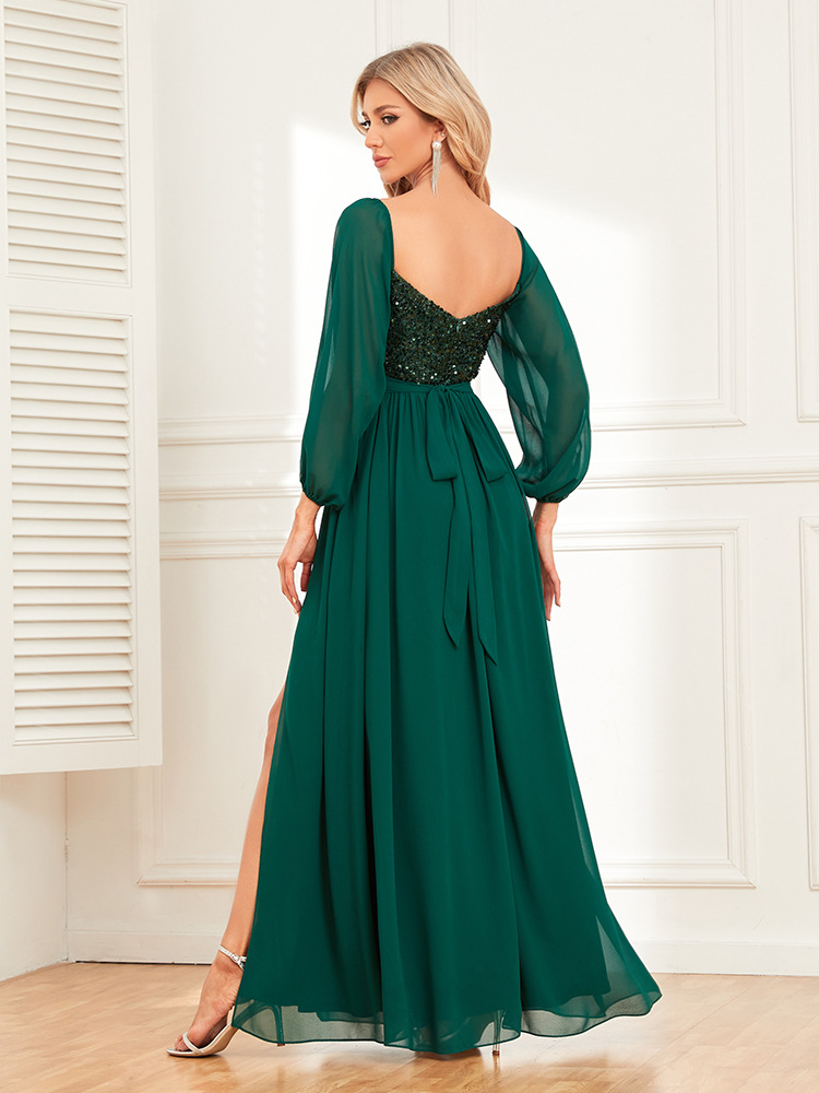 Elegante multi-desgaste fuera del hombro vestido de encaje de hendidura alta totalmente forrado lentejuelas costura gasa Vestido de manga larga