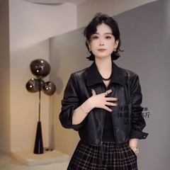 厂家直销韩版时尚百搭宽松显瘦翻领长袖皮衣外套女25秋PU上衣外套