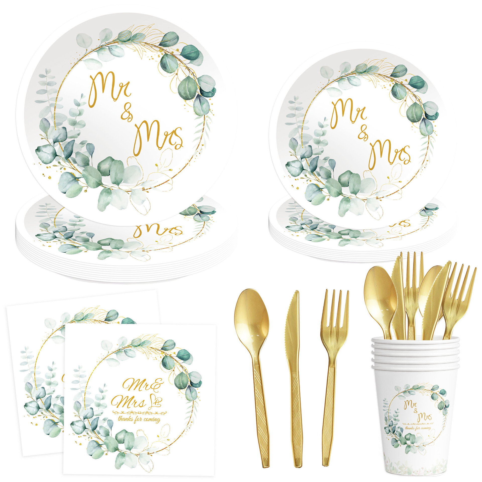 Cross-Border Eucalyptus Leaf Theme Series Tableware Birthday Party Event Tableware Set Disposable Paper Cups, Plates and Napkins