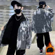 男童冬季加绒牛仔外套2025新款大儿童装洋气加厚保暖贴标夹克风衣