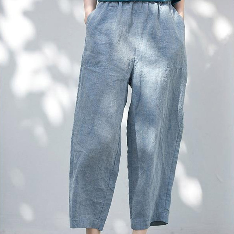 Summer New Style [Folk Art] Literary Retro Thin High-Density Hemp Lightweight Blue Carrot Pants Nine-Point Pants for Women
