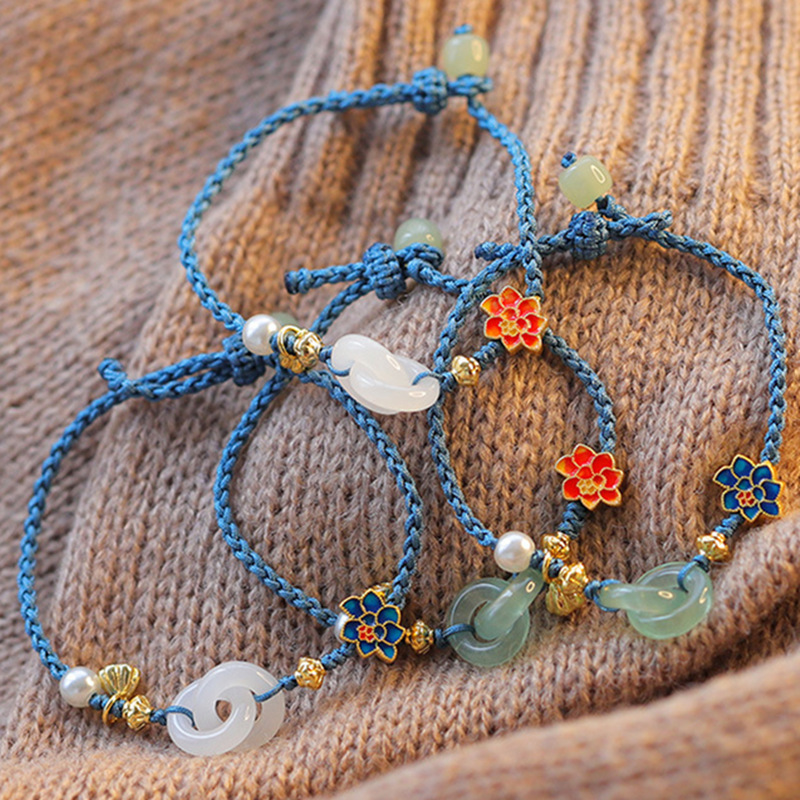 Ring interlocking Hetian jade bracelet girls small Lotus lotus hand rope woven pearl bracelet sterling silver wholesale