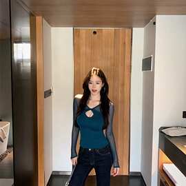 氛围感纯欲风纱感留白 扭结网纱长袖镂空T恤女春秋收腰上衣