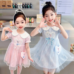 2024夏季新品女童艾莎白雪公主裙娃娃領包包連衣裙韓版洋氣紗裙潮