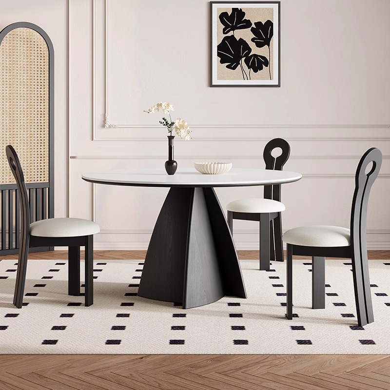 Mesa de comedor de madera maciza redonda de estilo antiguo francés 2025 nuevo hogar negro pequeño apartamento celebridad de Internet mesa de comedor minimalista moderna