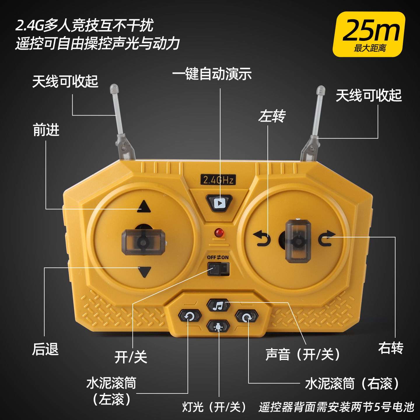 Control remoto 1: 18 ingeniería mezcladora modelo de aleación de automóviles luces y efectos de sonido juguetes para niños puzzle bebés regalos al por mayor