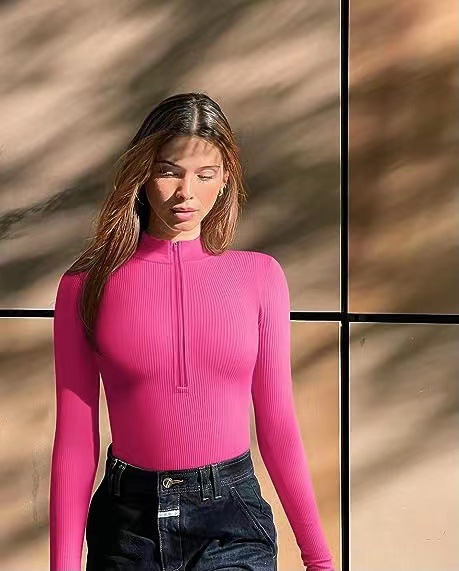 Ribbed Long Sleeve Bodysuit With Front Zipper - Stretchy Soft Fabric For Women, Seamless Layering Top, Comfortable Casual And Night Out Jumpsuit_ecoleips.com