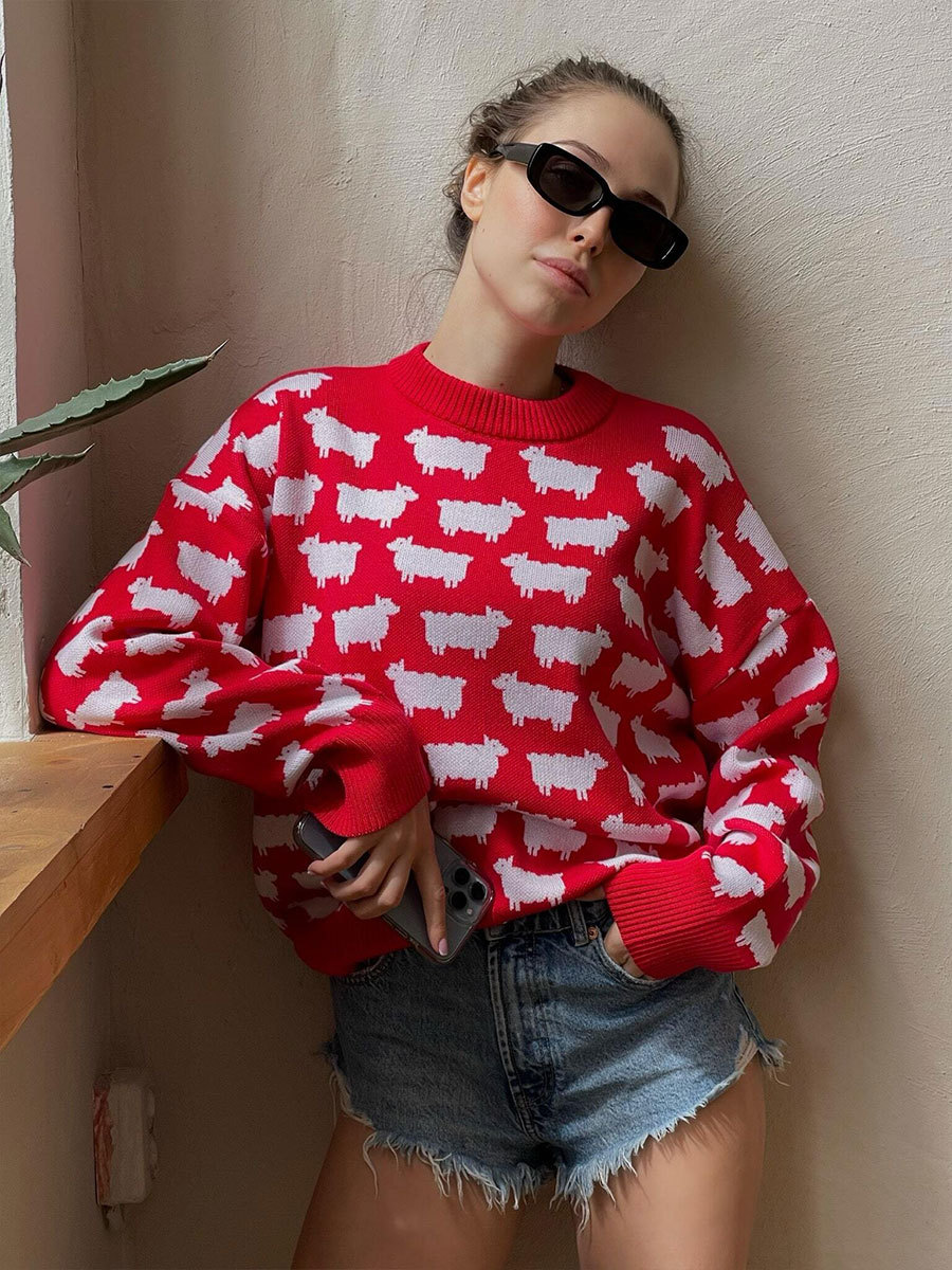 Suéter con estampado de alpaca con cuello redondo transfronterizo, otoño e invierno europeo y americano, nuevas mujeres, suéter casual suelto de cuello redondo, jersey image 3
