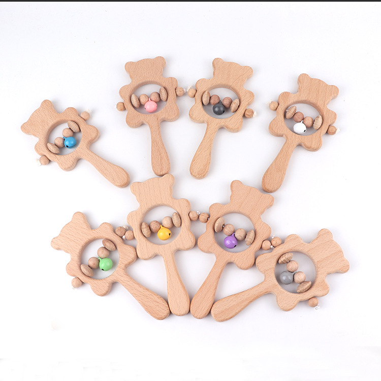 Children's colorful painted grinding teeth toy, beech wood small bear rattle, wooden craft, decorative toy, factory wholesale