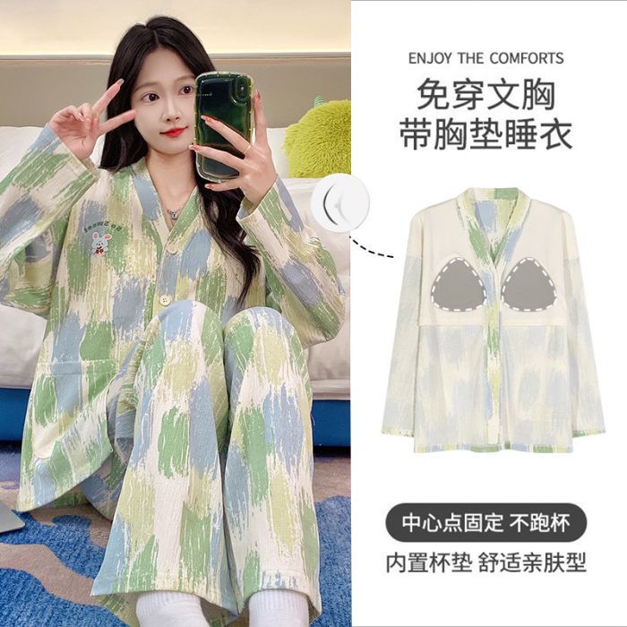 Al por mayor transfronterizo primavera y otoño nuevo algodón arrugado cardigán kimono corbata cojín de pecho pijama de manga larga ropa doméstica de dibujos animados de mujer