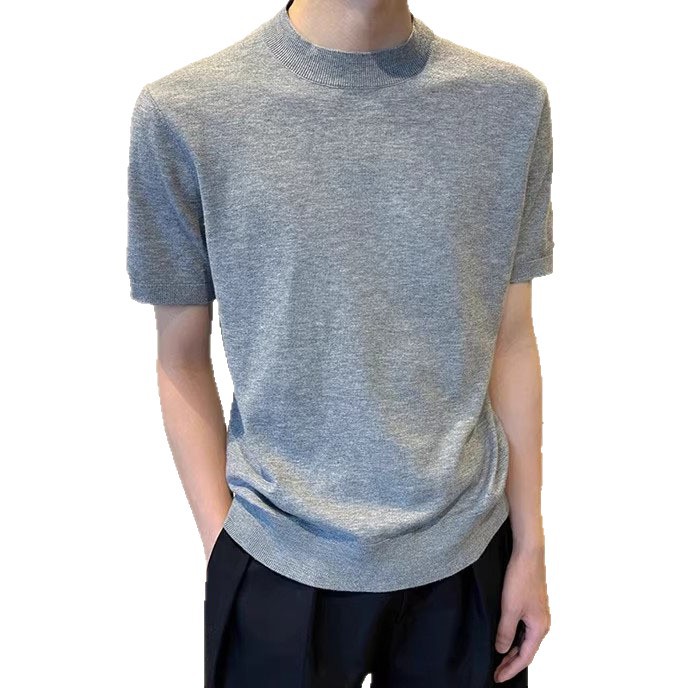 Camiseta de punto hombre de manga corta cuello medio alto viejo estilo de dinero delgado camiseta de base de color sólido camiseta de seda de hielo fábrica transfronteriza al por mayor