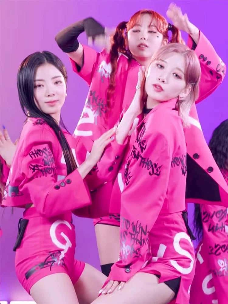 Платье-наряд для девочек Kpop группы, розово-красная песня, костюм для гоу-го джаз-танца, маленький костюм, JAZZ, сексуальная девушка, хип-хоп костюм для женщин