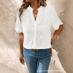ebay亚马逊2025夏新款欧美女装v领刺绣钩花镂空蕾丝纯色女式衬衫