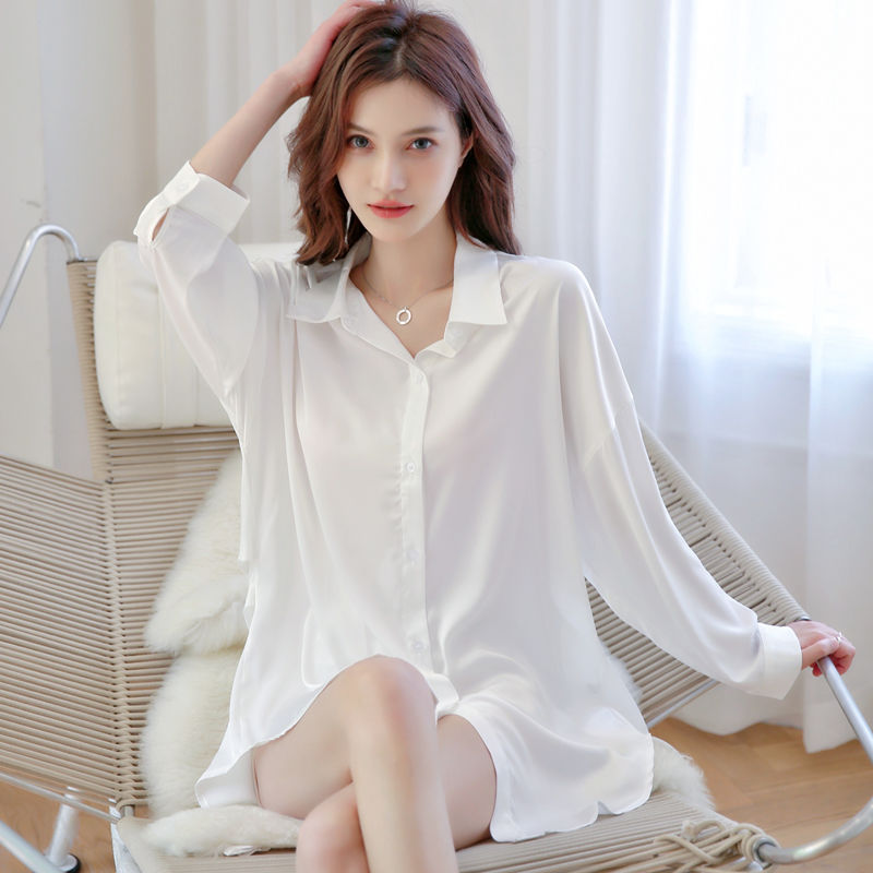 Spring and Autumn Thin Loose Sexy Ice Silk White Shirt Pajamas Women's Long Sleeve Silk Shirt Nightgown
