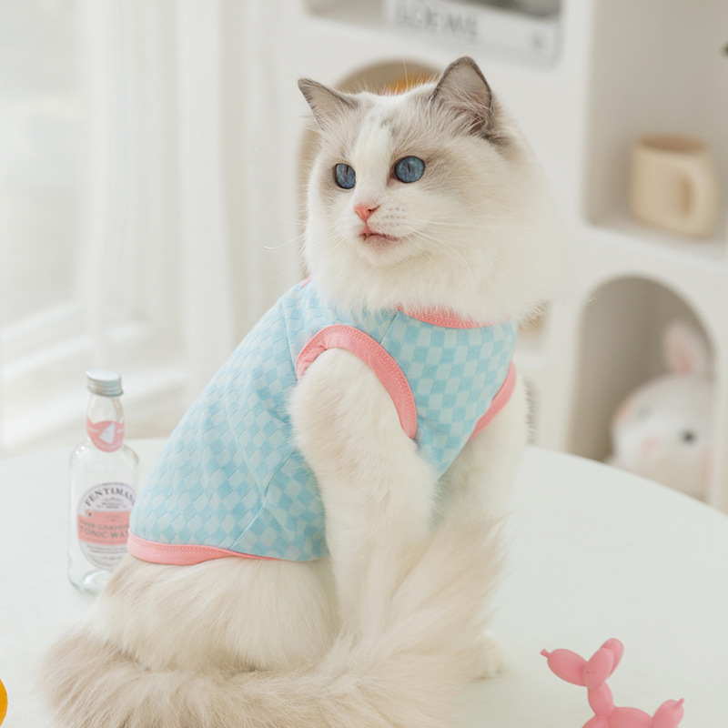 Gato primavera y verano delgado transpirable ocio viento color contraste tablero de ajedrez chaleco sonriente perro Teddy mascota ropa de gato