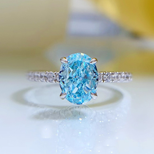 Mujing Jewelry  new style 925 silver high carbon diamond sea blue zirconium 6*8 oval radiant ring for women Mingyuan style