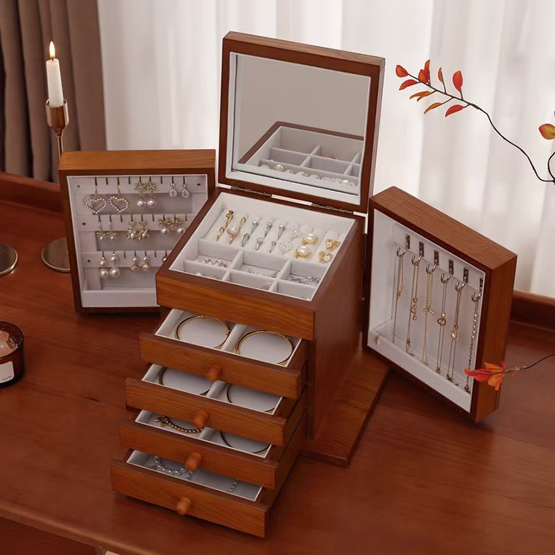 Wooden Jewelry Storage Box Multi-Layer Drawer Large Capacity Solid Wood Ring Necklace Jewelry Box Wedding Gift Jewelry Cabinet