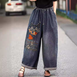 潮流卡通猫咪刺绣牛仔裤女士大码宽松遮肉显瘦洋气高腰垮裤阔腿裤