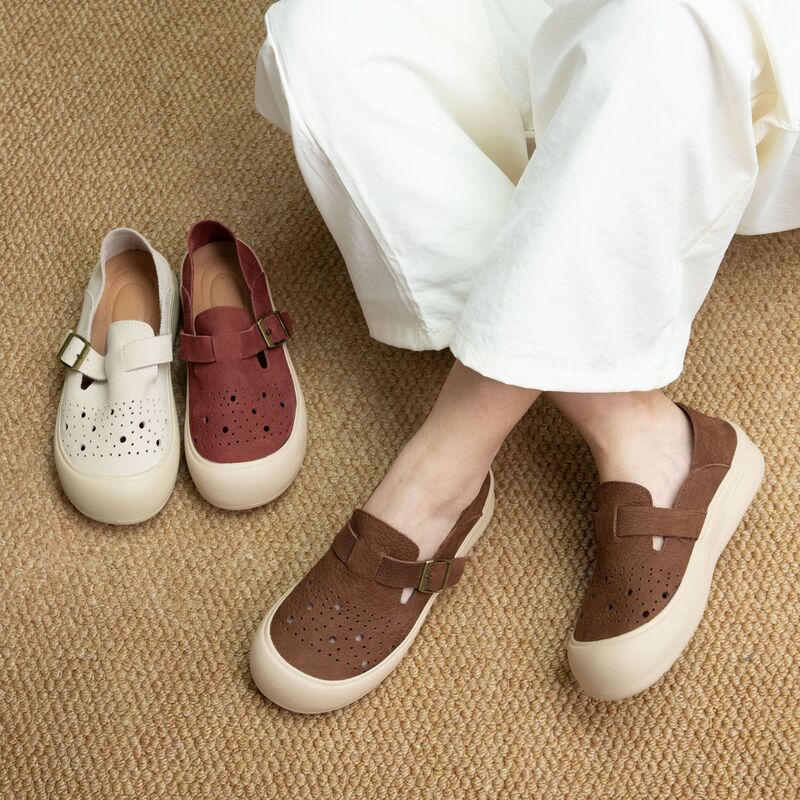 Matte Cowhide Casual Shoes for Women, Comfortable Slip-Ons, Thick Soles, Non-Slip, Hollow, Breathable Clogs, Genuine Leather Shoes Wholesale