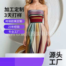 外贸2025春季新款亚马逊欧美女装气质性感抹胸印花彩色礼服连衣裙