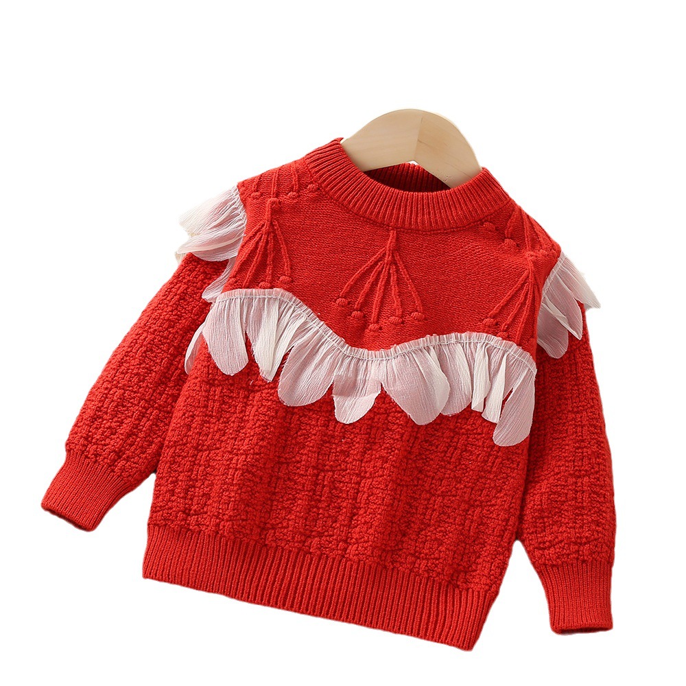 Girls' Sweater Pullover Bottom 2023 Autumn/Winter New Western style Baby Girl Solid Color Long sleeved Knitted_voghion.com