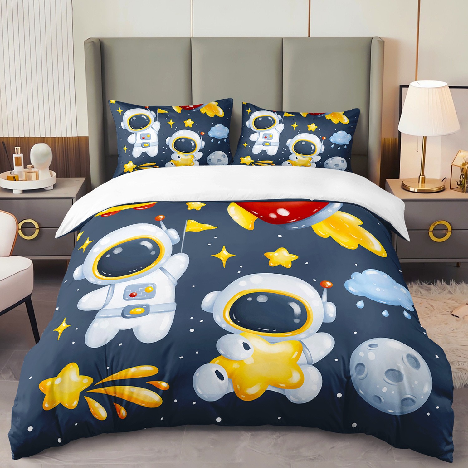 Cartoon Astronaut Digital Printed Edredon Kit Textile Transpirable Transfronterizo Fuente TEMU / JIT