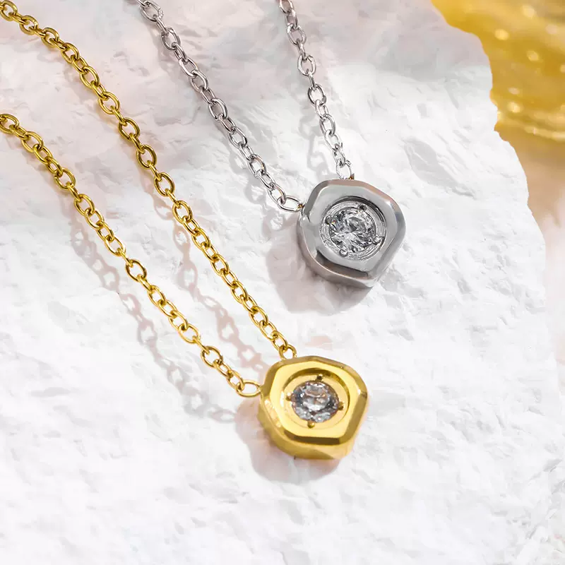 316材质欧美潮酷百搭气质精致陨石形状镶嵌锆石吊坠项链小众设计