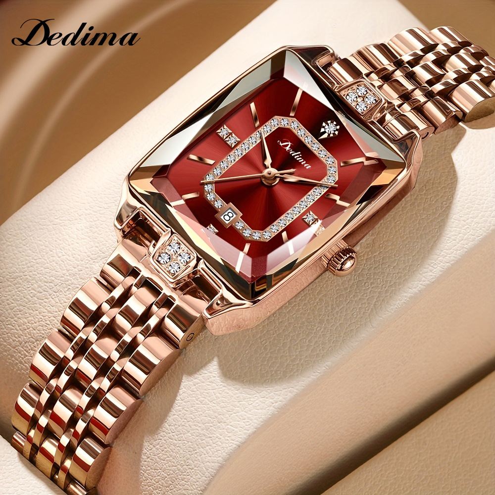 2026 New Elegant Women's Square-Shaped Diamond-Encrusted Waterproof Calendar Rose-Colored Steel Band Watch with Solid Steel Band and Butterfly Clasp