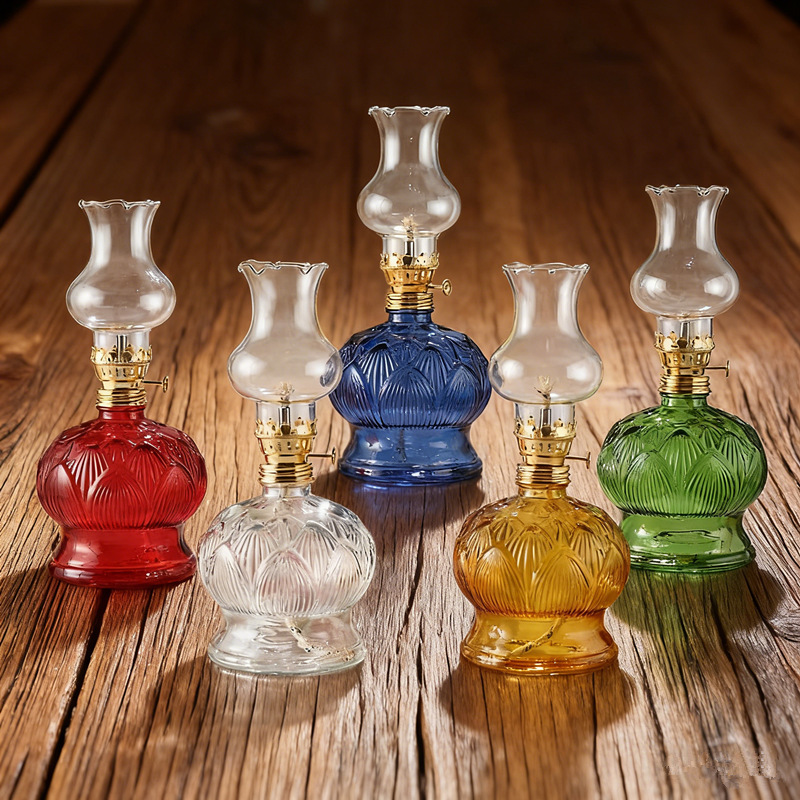 Glass Lotus Colored Butter Lamps for Offering to Buddha, Windproof Dimmable Long-Lasting Lamps, Vintage Kerosene Lamps for Worship Glass Lotus Colored Butter Lamps for Offering to Buddha, Windproof Dimmable Long-Lasting Lamps, Vintage Kerosene Lamps for Worship