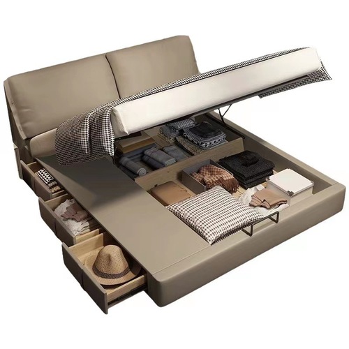 Elegant cream-style double storage bed with high-pressure air box, soft-packed drawers, and genuine elephant ear design for the master bedroom.