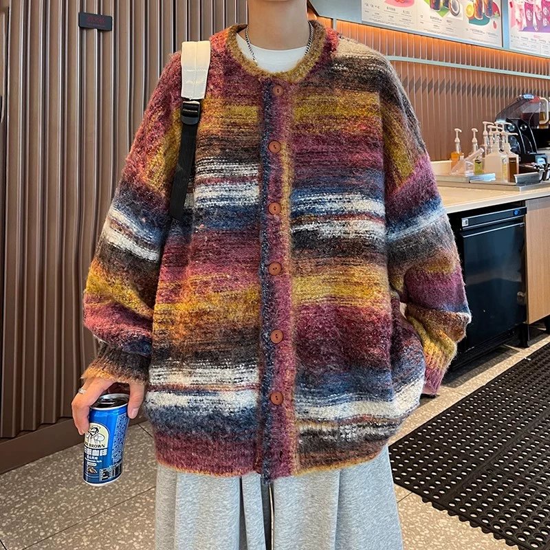 Вязаный кардиган контрастного цвета, мужской свободный в американском стиле ретро, модный Повседневный свитер с длинным рукавом для пары в стиле Хай-стрит