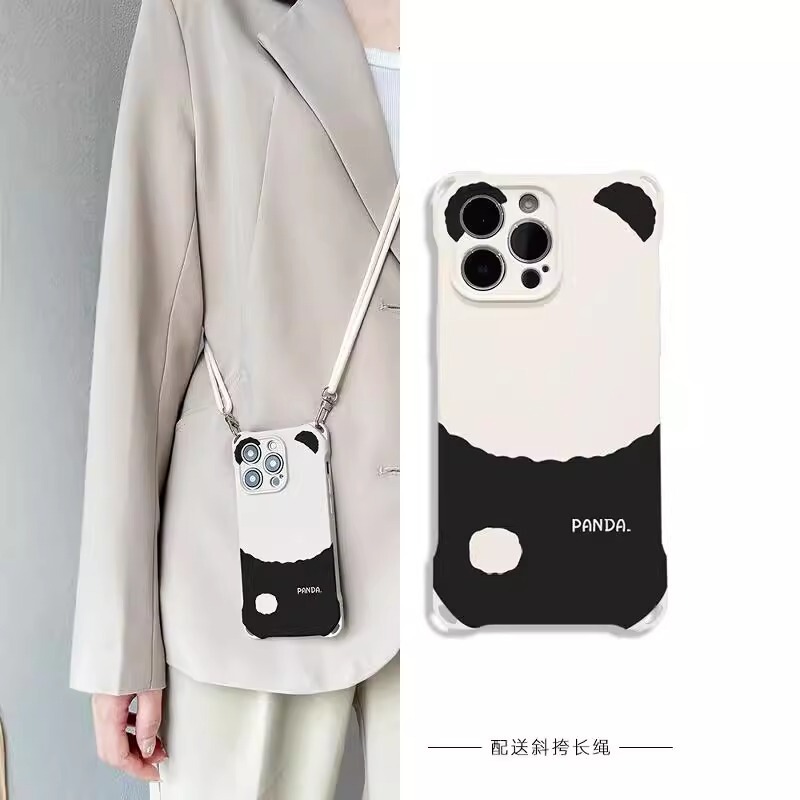Squatting Panda iPhone 14 Phone Case with Lanyard, Black, Suitable for Apple 13 Pro Max, Four-Corner Cutouts, XS