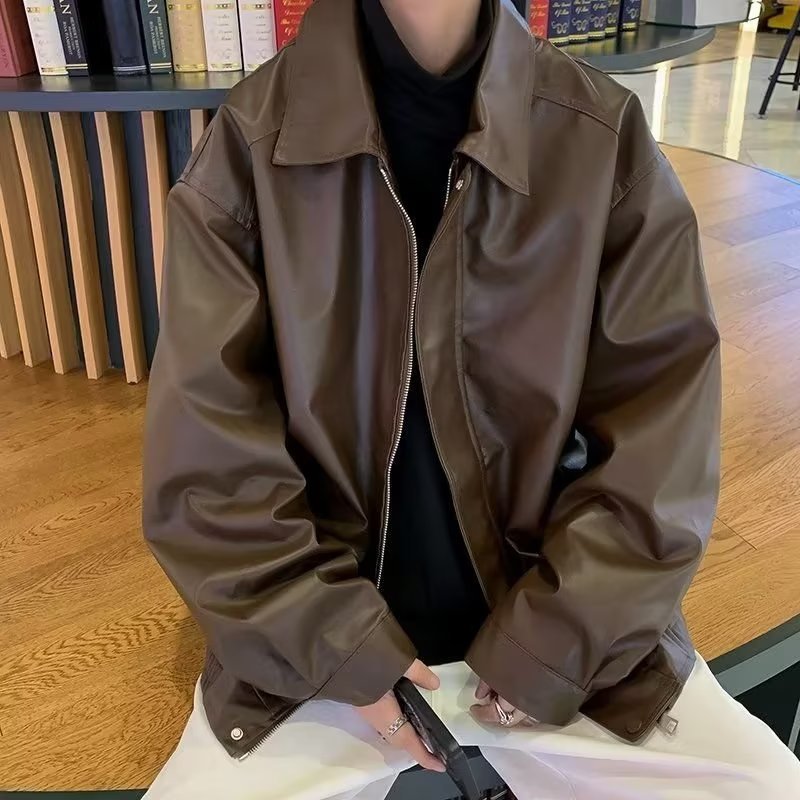 커피 다크 브라운 미국 pu 가죽 코트 남성용 가을과 겨울 Maillard는 세련된 브랜드 고급 Ruan 잘 생긴 작업복 재킷을 착용합니다.