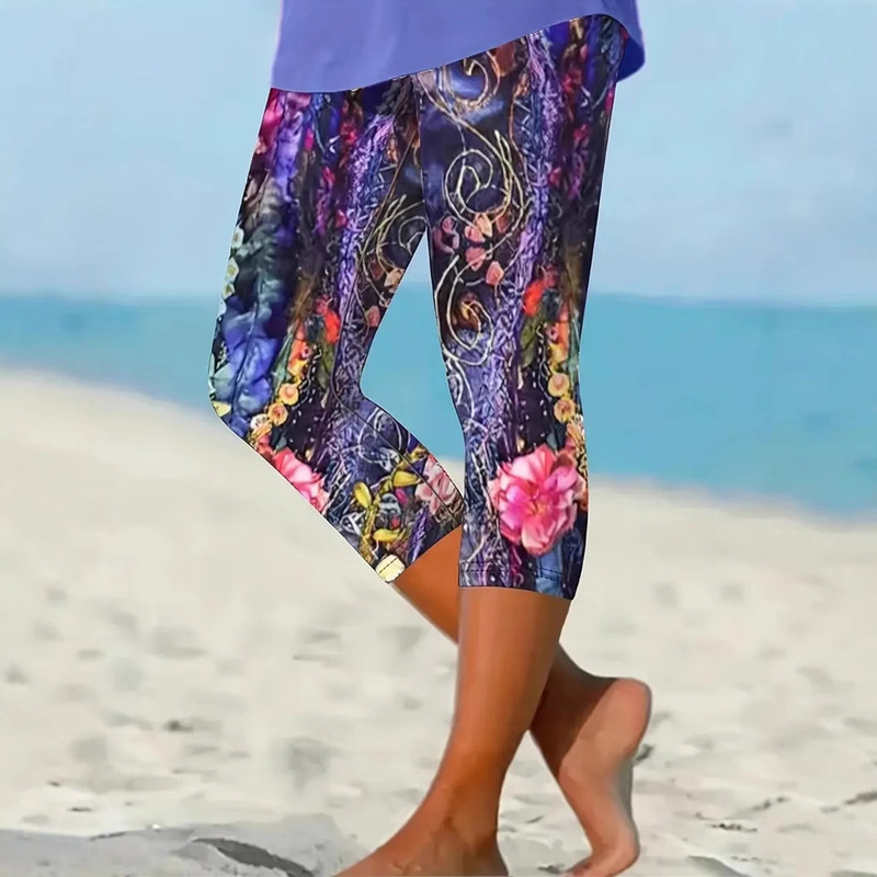 Spring 2025 New European and American Cross-border Ladies Eleggant Floral Capri Seven Leggings-Elastic Comfortable