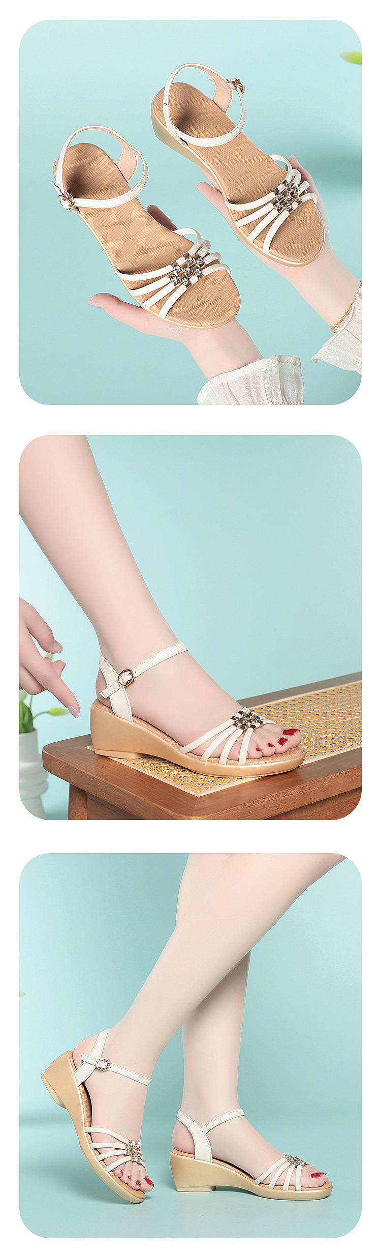 Sandal nữ đế bệt da thật quai chữ V thoải mái — Màu be chi tiết 6