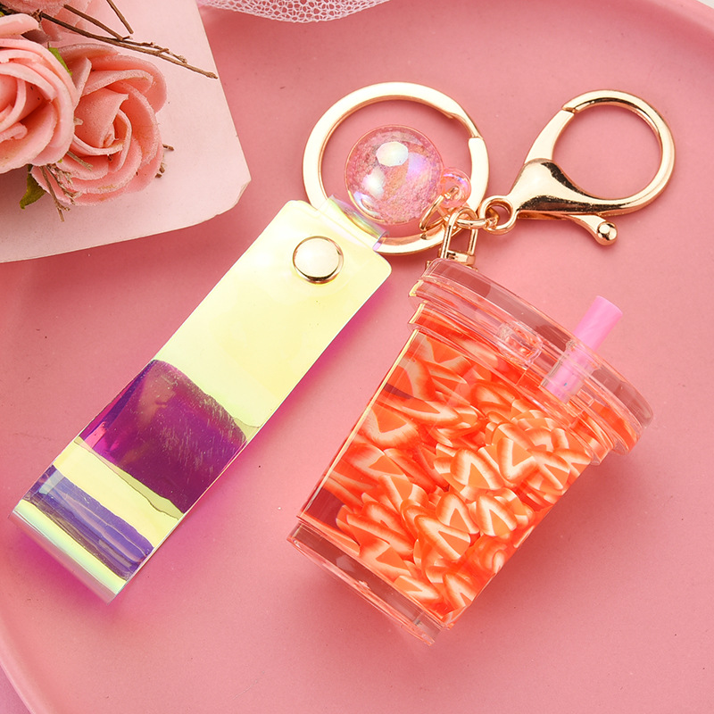 Creative Milk Tea Cup Simulation Fruit Piece Floating Leather Rope Key Chain Wholesale Nihaojewelry display picture 9