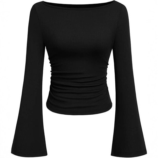 European and American Style Spicy Girl Solid Color Boat Neck Flared Sleeve T-Shirt for Women 2026 Autumn Slim Fit Ruched Slimming Long Sleeve Top European and American Style Spicy Girl Solid Color Boat Neck Flared Sleeve T-Shirt for Women 2026 Autumn Slim Fit Ruched Slimming Long Sleeve Top