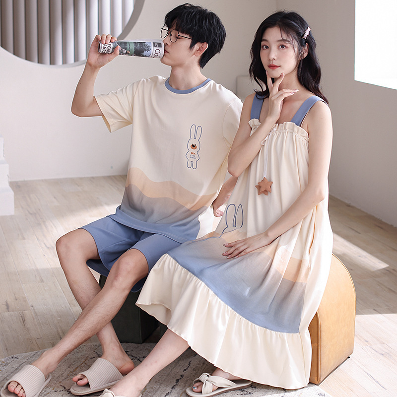 Summer Couple Pajamas Pure Cotton 2025 New Style Girls Sling Sexy Nightdress Home Clothes Men's Short Sleeve suit