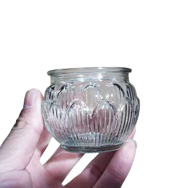 Taza de vidrio de loto de boca plana, lámpara de mantequilla de loto, botella vacía, templo, adornos de templo, taza de mantequilla de Buda.