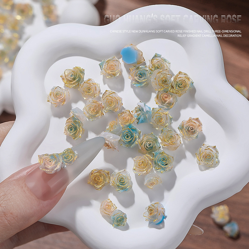 Tide nuevo estilo nacional Dunhuang rosa suave tallada productos acabados de uñas rosas rosas graduadas camellia decoración de uñas
