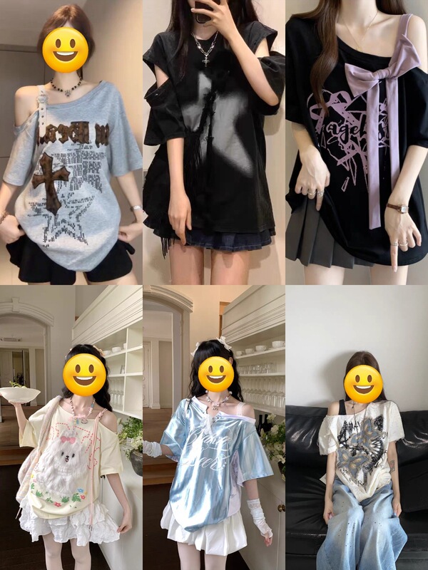 レトロな斜め肩半袖Tシャツ女性用2025年夏新デザインニッチルーズオフショルダートップ多用途純粋な欲望|undefined