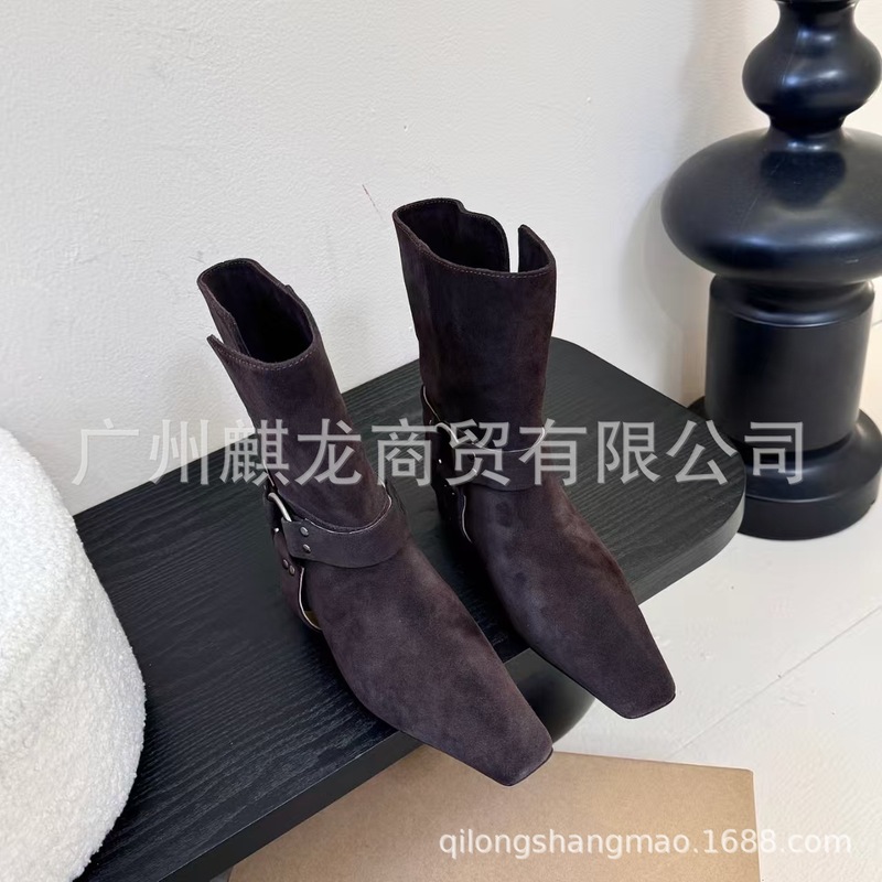 高端小众2025秋冬麂皮方头复古低跟皮带扣翻折两穿百搭中筒骑士靴|undefined