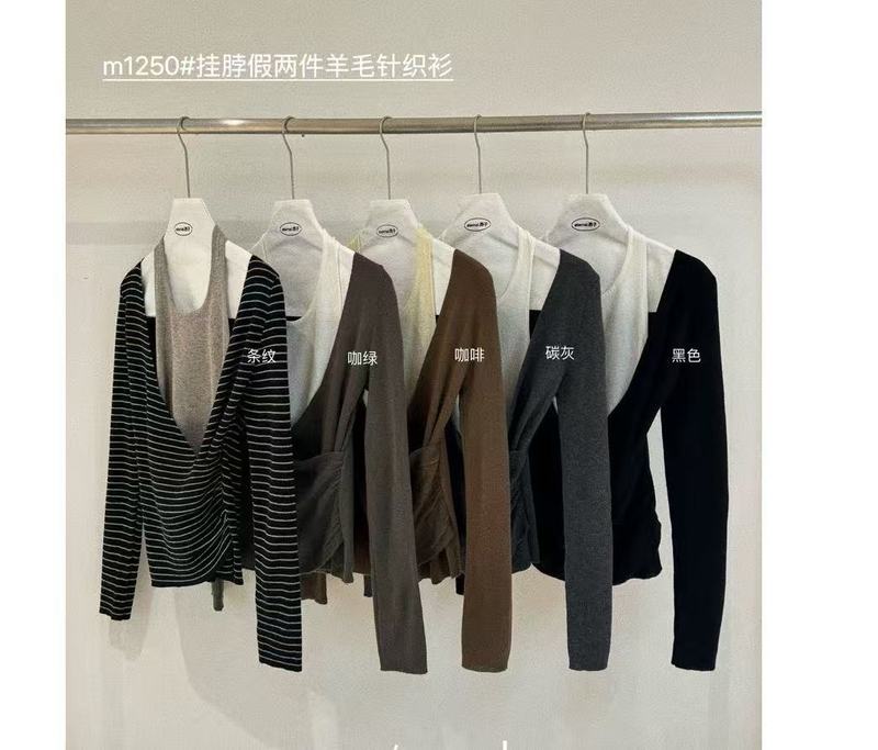美式复古条纹假两件挂脖长袖T恤女2025秋新款高级感百搭显瘦上衣|undefined