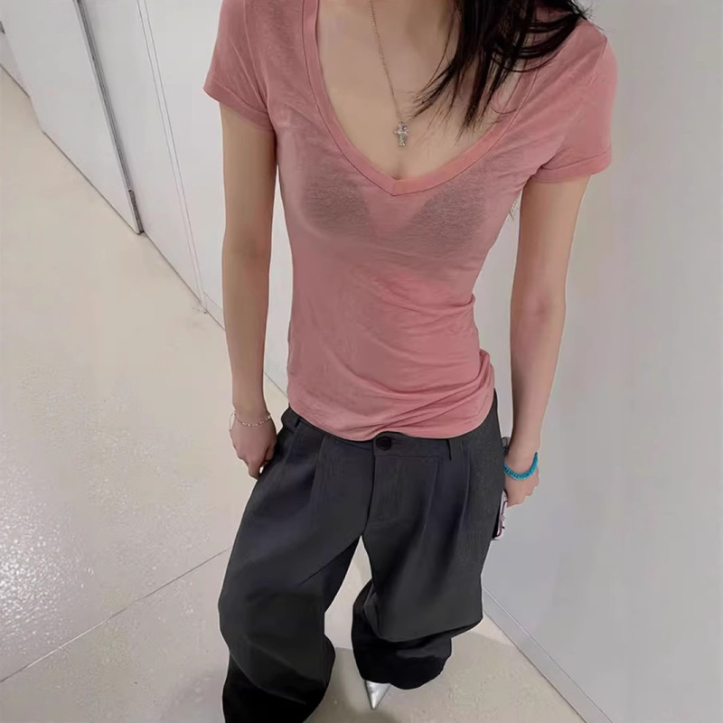 Pink Cool V Neck Waist Short-Sleeved T-Shirt for Women 2025 Summer Slightly See-Through Pinch Waist Sweet Sexy Slim Slimming Look Top Pink Cool V Neck Waist Short-Sleeved T-Shirt for Women 2025 Summer Slightly See-Through Pinch Waist Sweet Sexy Slim Slimming Look Top