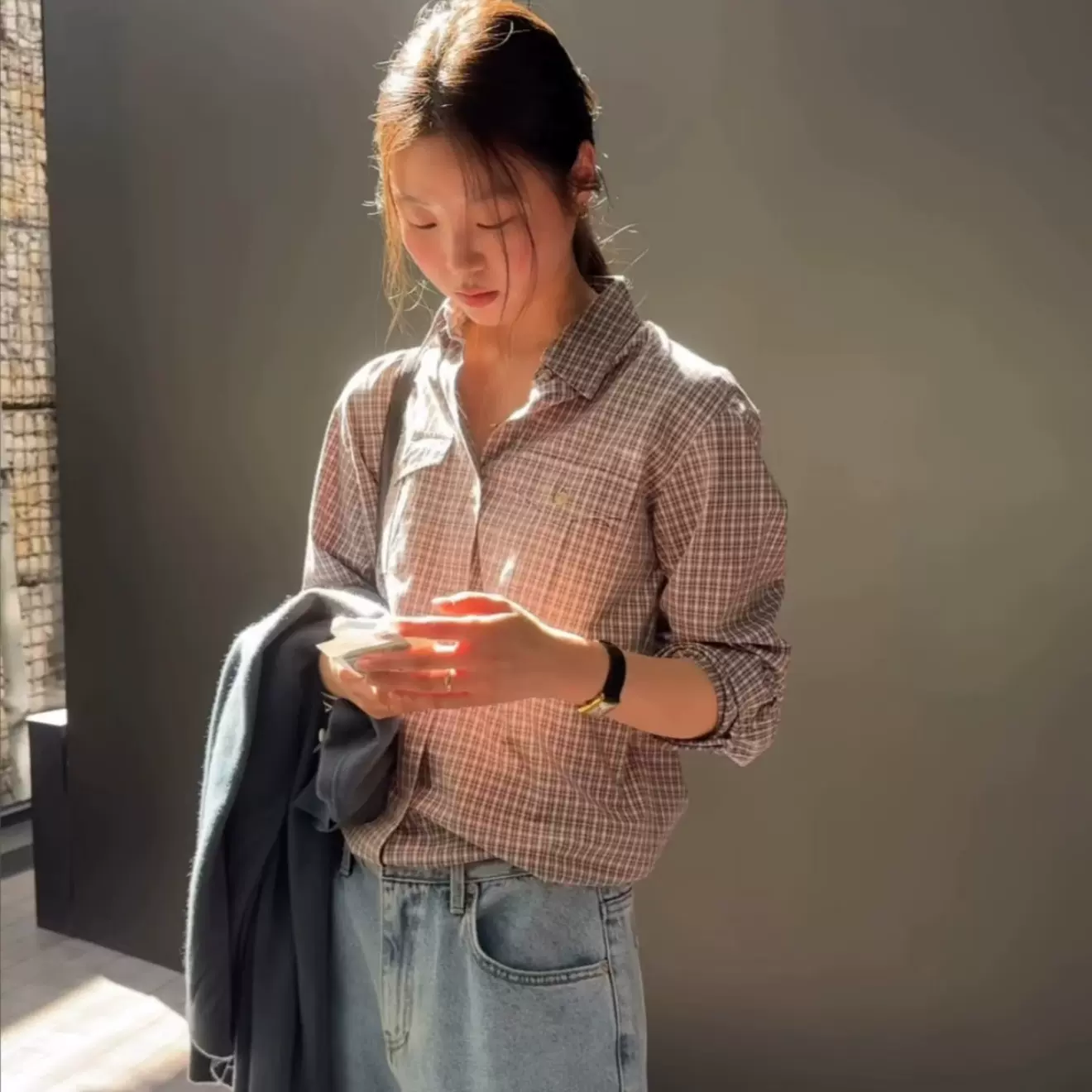 现货2025秋季新韩国东大门th*Bar*net翻领格纹口袋长袖衬衫上衣女