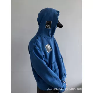 OEM定制水洗蓝色破洞毛边连帽衫复古贴片宽松街头男士套头运动衫