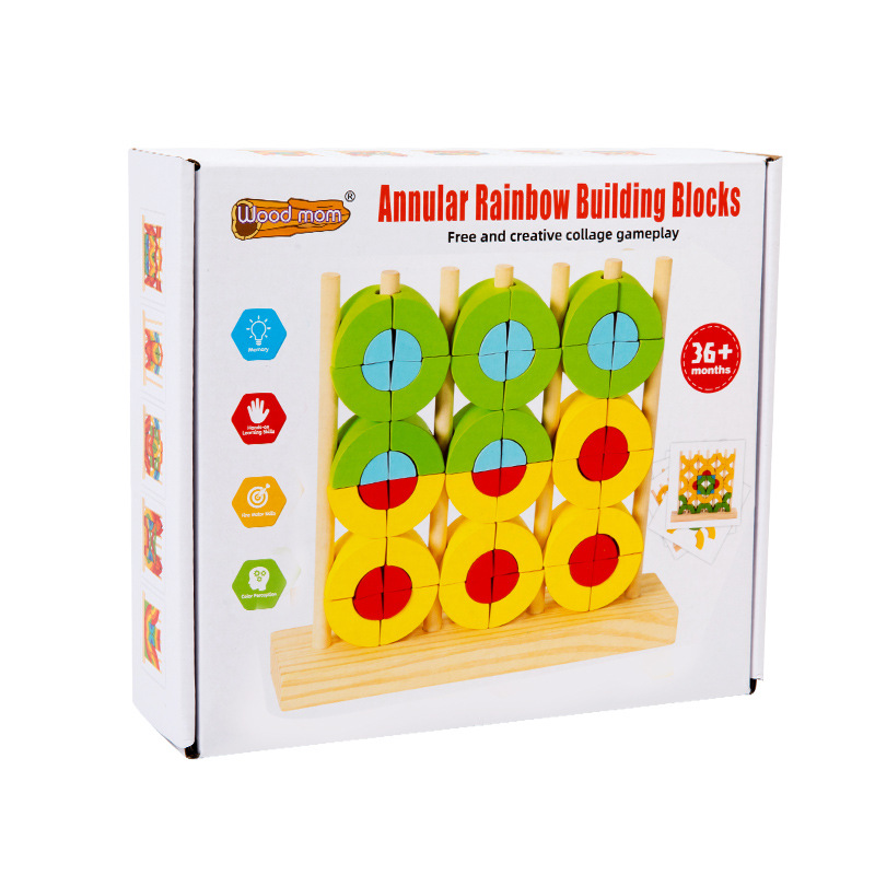 Triángulo de madera para niños, anillo circular, arco iris, bloques de construcción de variedad, rompecabezas de educación temprana Montessori creativos, conjunto de rompecabezas, juguetes de columna