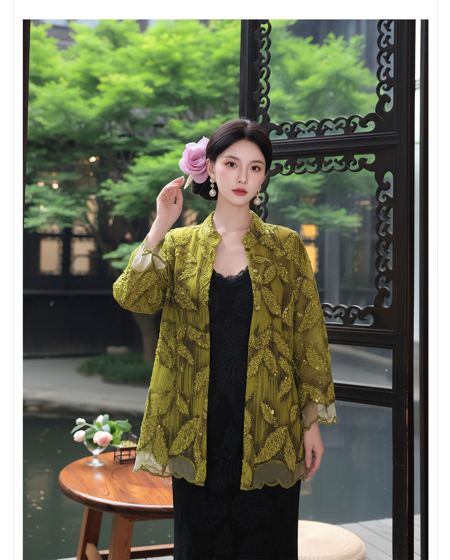 Bộ áo kiểu tân cổ điển phối váy yếm ren hoa thêu — Bộ【Áo vàng xanh + Váy yếm màu matcha】, Áo vàng xanh, Váy yếm màu matcha, Váy yếm đen cao cấp chi tiết 8